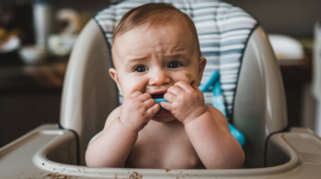 Baby chewing on a teething toy, showing teething discomfort
